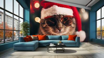 A festive cat wearing a Santa hat and sunglasses, surrounded by colorful lights. Wall mural