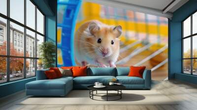 A hamster running on a wheel in its cage, reflecting the popularity of small rodents as low-maintenance and interactive pets Wall mural