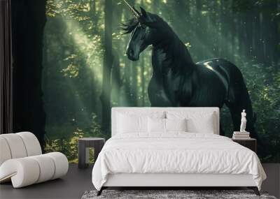 A majestic legendary Black Unicorn in a magical forest. Realistic black unicorn Wall mural