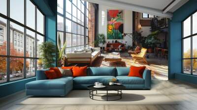 a minimalist new york city loft with light beaming through large metal frame windows, dramatic, wide angle, mid century modern furniture, pop art on the wall, large scale plants Wall mural