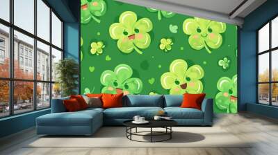 A pattern of cute, cartoon shamrocks with smiling faces Wall mural