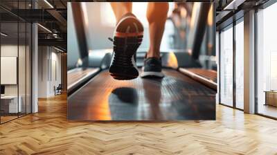 A person running on a treadmill in a gym, emphasizing fitness and exercise. Wall mural