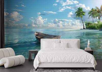 A serene beach scene featuring a wooden boat on calm waters surrounded by palm trees and a clear blue sky. Wall mural