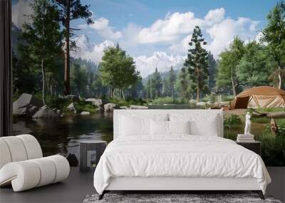 A serene campsite by a river surrounded by lush trees and mountains. Wall mural