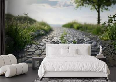 A serene pathway lined with grass and trees, inviting exploration and tranquility. Wall mural