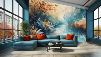 A serene watercolor landscape depicting a tranquil waterway surrounded by autumn foliage and soft light. Wall mural