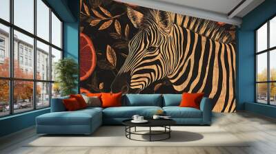 A stylized zebra surrounded by orange slices and leaves on a dark background. Wall mural