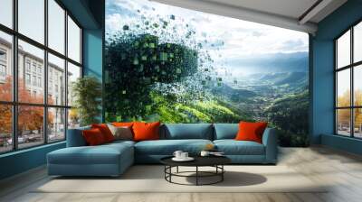 A surreal landscape merging nature with digital elements, illustrating a blend of reality and technology. Wall mural