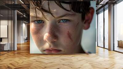 A teenage boy with a bruised and swollen eye bravely facing his bullies with a determined expression on his face Wall mural