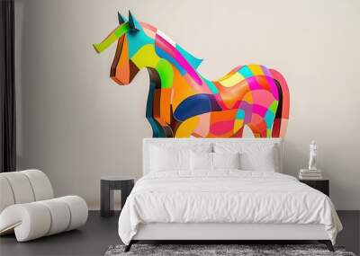 A vibrant, abstract sculpture of a horse made from colorful, geometric shapes. Wall mural