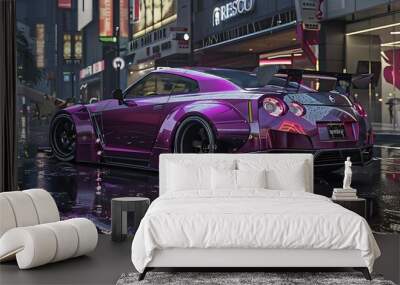 A vibrant, modified sports car parked in a neon-lit urban setting, reflecting rain on the pavement. Wall mural