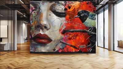 A vibrant artwork featuring two faces and birds, blending human emotion with nature. Wall mural