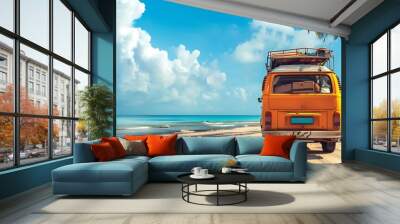 A vibrant beach scene featuring a vintage orange van parked by the shore under palm trees. Wall mural