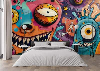 A vibrant mural featuring colorful, abstract creatures with exaggerated features and playful designs. Wall mural