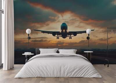 An airplane taking off against a dramatic sunset backdrop. Wall mural