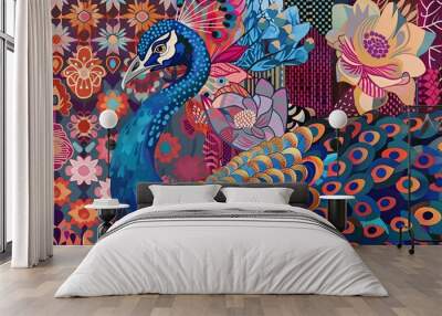 An elegant peacock designed using poka dots, squares, and intricate lines, surrounded by a modern traditional backdrop of floral patterns and boho-inspired shapes Wall mural