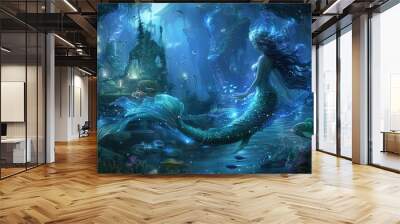 An ethereal mermaid enchantress weaving her spell beneath the depths of a bioluminescent undersea world in the company of her aquatic companions Wall mural