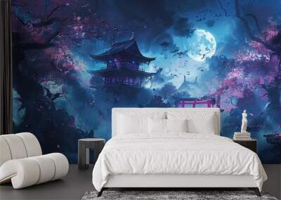 Anime art featuring a ninja warrior and a shape-shifting spirit battling demonic forces in a moonlit, sakura-filled grove, realistic landscapes with soft tonal colors Wall mural