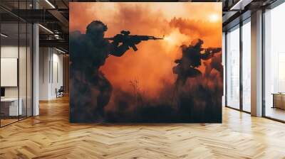 Army soldiers in the fog against a sunset, marines team in action, surrounded fire and smoke, shooting with assault rifle and machine gun, attacking enemy Wall mural