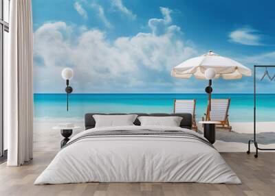 beautiful beach banner. White sand, chairs and umbrella travel tourism wide panorama background Wall mural