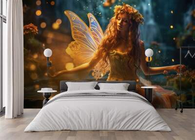 Beautiful fairy with wings in a fantasy magical enchanted forest with butterflies. fairy magic goddess nature transparent wings Wall mural