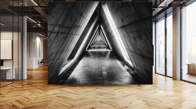 black and white image of triangles in hallway, in the style of concrete, symmetrical figures Wall mural