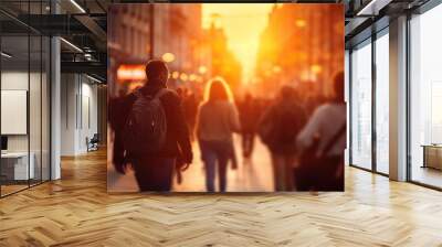 Blurred crowd of unrecognizable at the street at sunset. crowd of people in a shopping street Wall mural