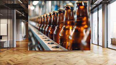 Brown glass beer drink alcohol bottles, brewery conveyor, modern production line Wall mural