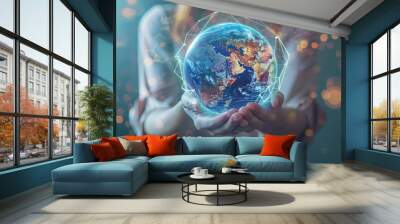 Businesswoman holding earth globe hologram in his hands. Global business concept, international financial network connection, world trade Wall mural