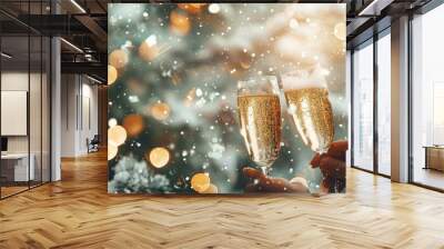 Christmas and New Year holidays bokeh background with copy space. Toasting with champagne glasses against holiday lights. winter season Wall mural