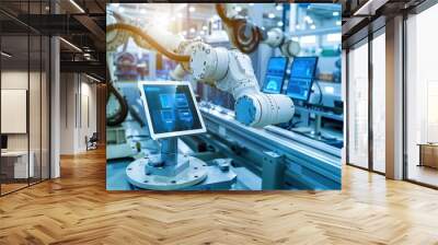 Close up of modern factory machinery using a tablet to control the robot. Technology to help work in order to make business faster concept Wall mural