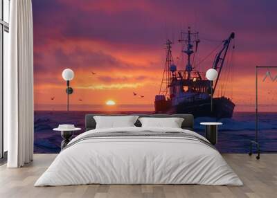 Commercial fishing vessel at sea with crew at dawn Wall mural