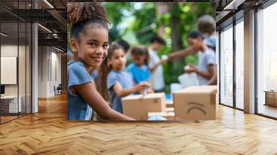 corporate philanthropy, including a young girl in a blue shirt and a man in a blue and white shirt, stand in front of a cardboard box and a brown cardboard box one of the Wall mural