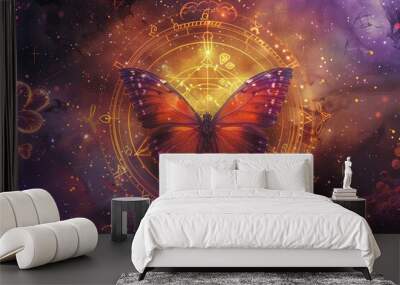 Cosmic orange and purple portrayal of a butterfly through zodiac symbols Wall mural