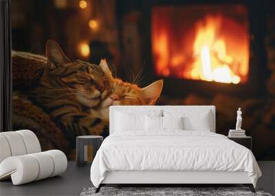 Cozy evening at home with two cats snuggling by the warm fireplace Wall mural