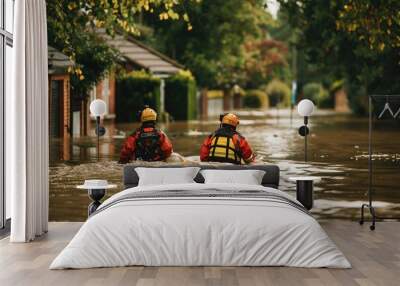 Flood response team navigating through inundated urban area during emergency Wall mural