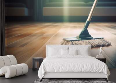 Floor cleaning with mob and cleanser foam. Cleaning tools on parquet floor Wall mural