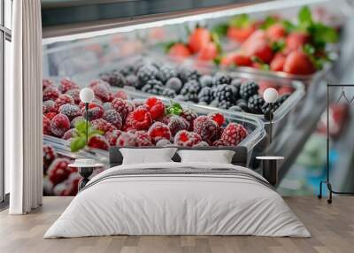 Frozen berries and healthy vegetables are stored in reusable box containers on freezer shelves of refrigerator at home Wall mural