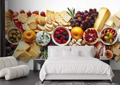 gourmet cheese platter with a variety of cheeses, including white, yellow, and brown varieties, accompanied by a variety of fruits including red strawberries, oranges, Wall mural