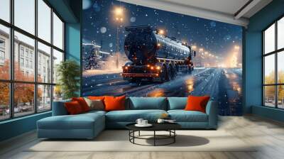 Happy milk tank truck driver on a luminous wintery night journey Wall mural