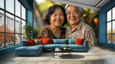 Happy smiling asian mature senior couple posing together Wall mural