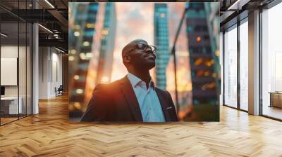 Happy wealthy rich successful black businessman standing in big city modern skyscrapers street on sunset thinking of successful vision, dreaming of new investment opportunities Wall mural