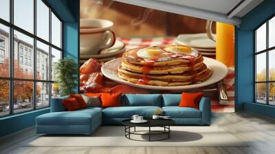 hearty breakfast spread on a checkered table featuring sliced strawberries, pancakes, and eggs on white plates, accompanied by a glass of orange juice and a white saucer Wall mural