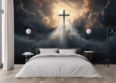 holy cross symbolizing the death and resurrection of Jesus Christ with The sky over the Hill is shrouded in light and clouds Wall mural