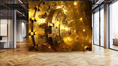 Illuminated gold vault with secure locks and golden interior, symbolizing wealth and security Wall mural