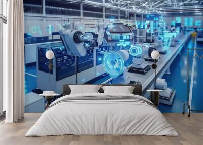 Industry 4.0 smart factory interior showcases IIoT machines, efficient workstations, and automated production lines, optimizing the manufacturing process for improved performance Wall mural