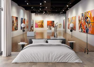 Interior of modern art gallery with paintings on walls and wooden floor Wall mural