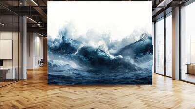 Large stormy sea wave in deep blue, isolated on white. Nature of the climate. in front Wall mural