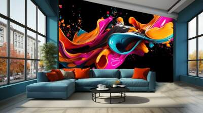 Mix color liquid splashes, swirl and waves with scatter drops. paint, oil or ink splashing dynamic motion, design elements for advertising isolated on black background.  Wall mural