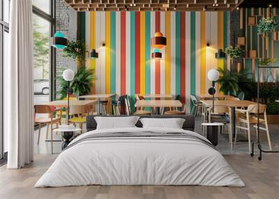 Modern and colorful cafe interior with minimalist wooden furniture and striped walls Wall mural